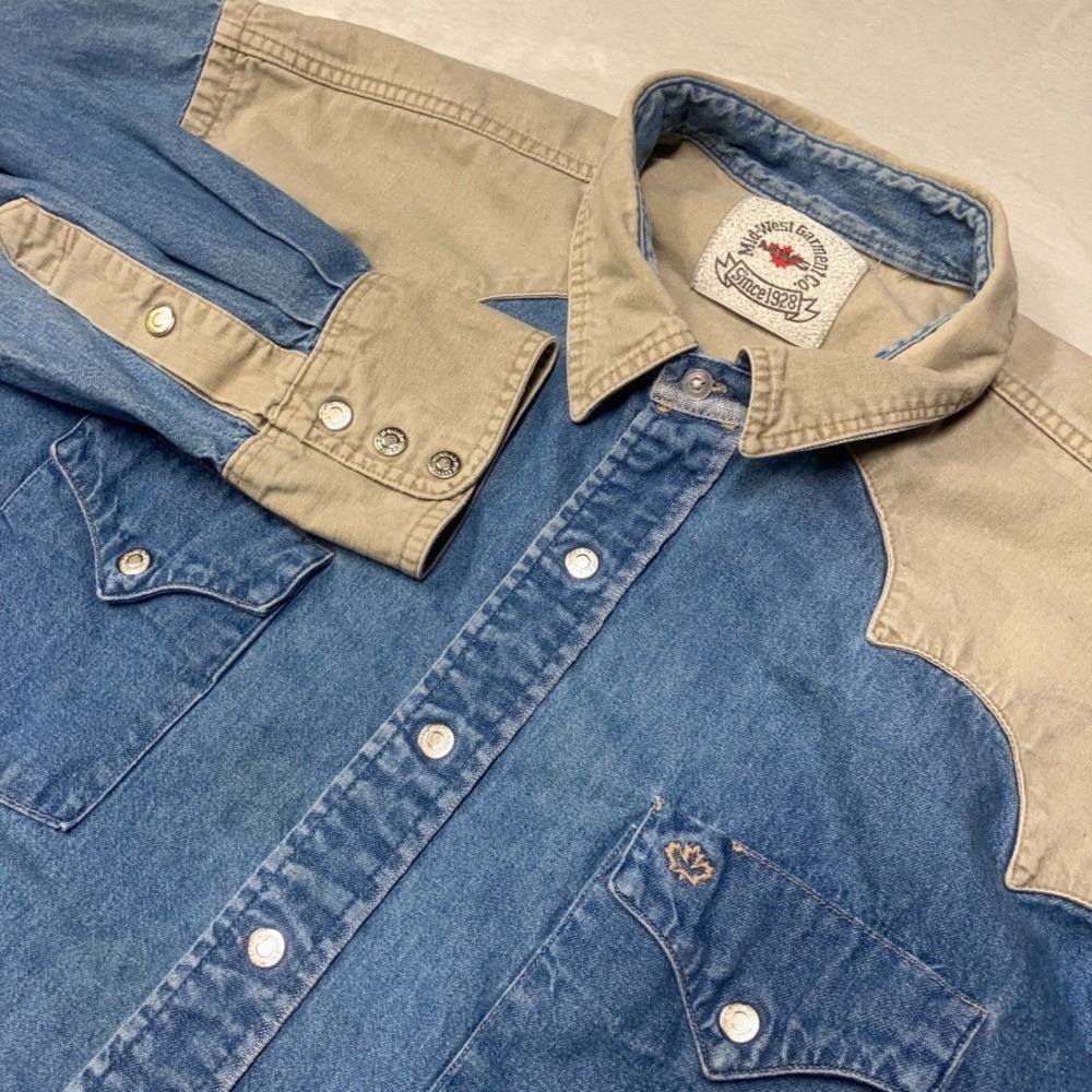 Vintage Denim Canvas‎ Two Tone Shirt Men's 2XL Pearl Snap Single Point Pockets